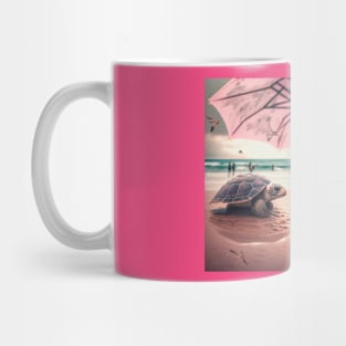 Beach Daydream - Woman with pink umbrella and a turtle in the beach. Mug